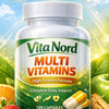 Vita Nord multi vitamins bottle with health benefits text and nature background